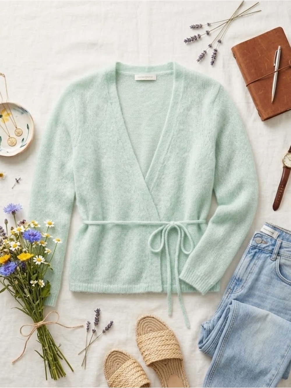 Methode Petite Mint Green Mohair Wool Blend Wrap Tie Cardigan Sweater PS Fairy